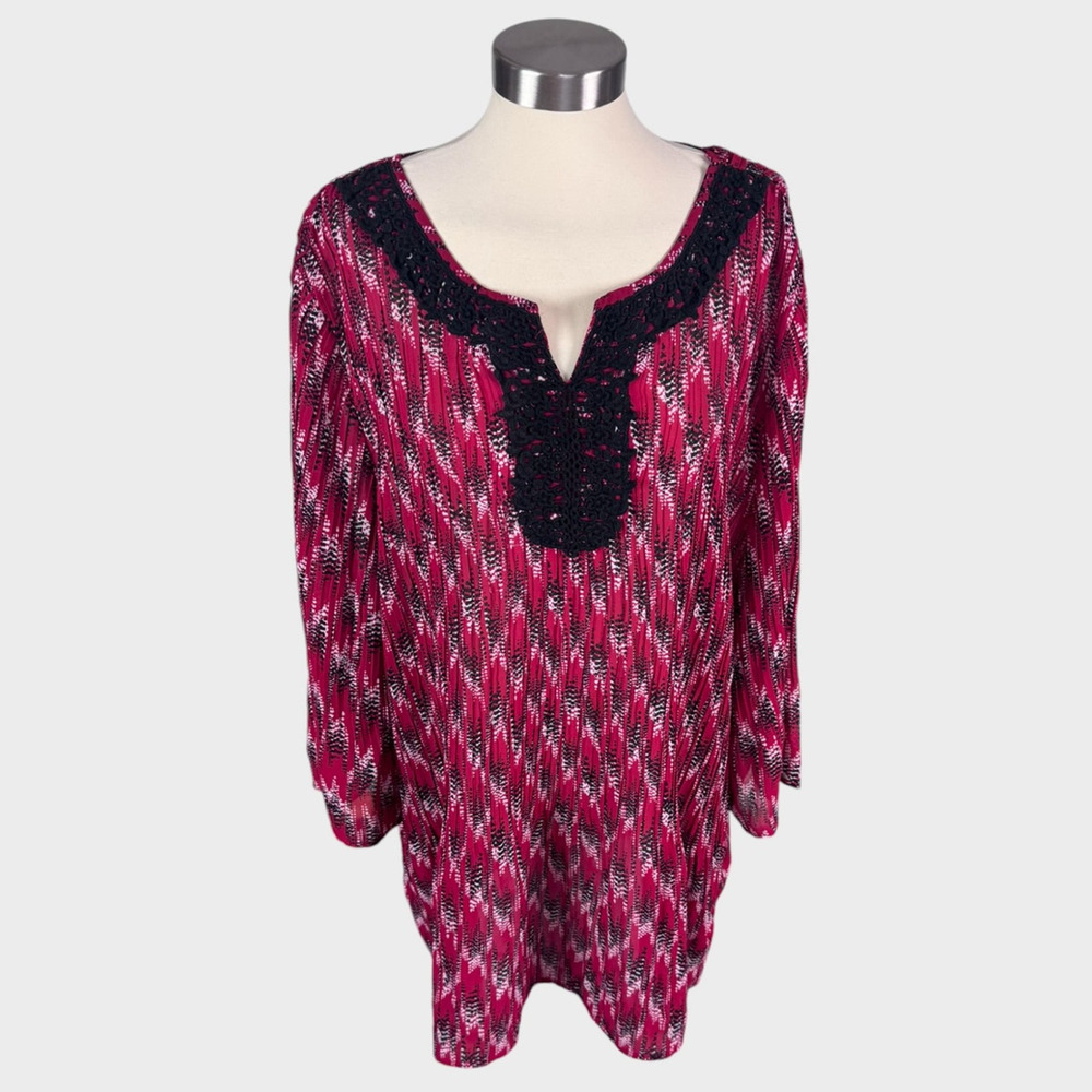 Catherines Womens Plus Size 3X Polyester Red Pattern Black Lace Top